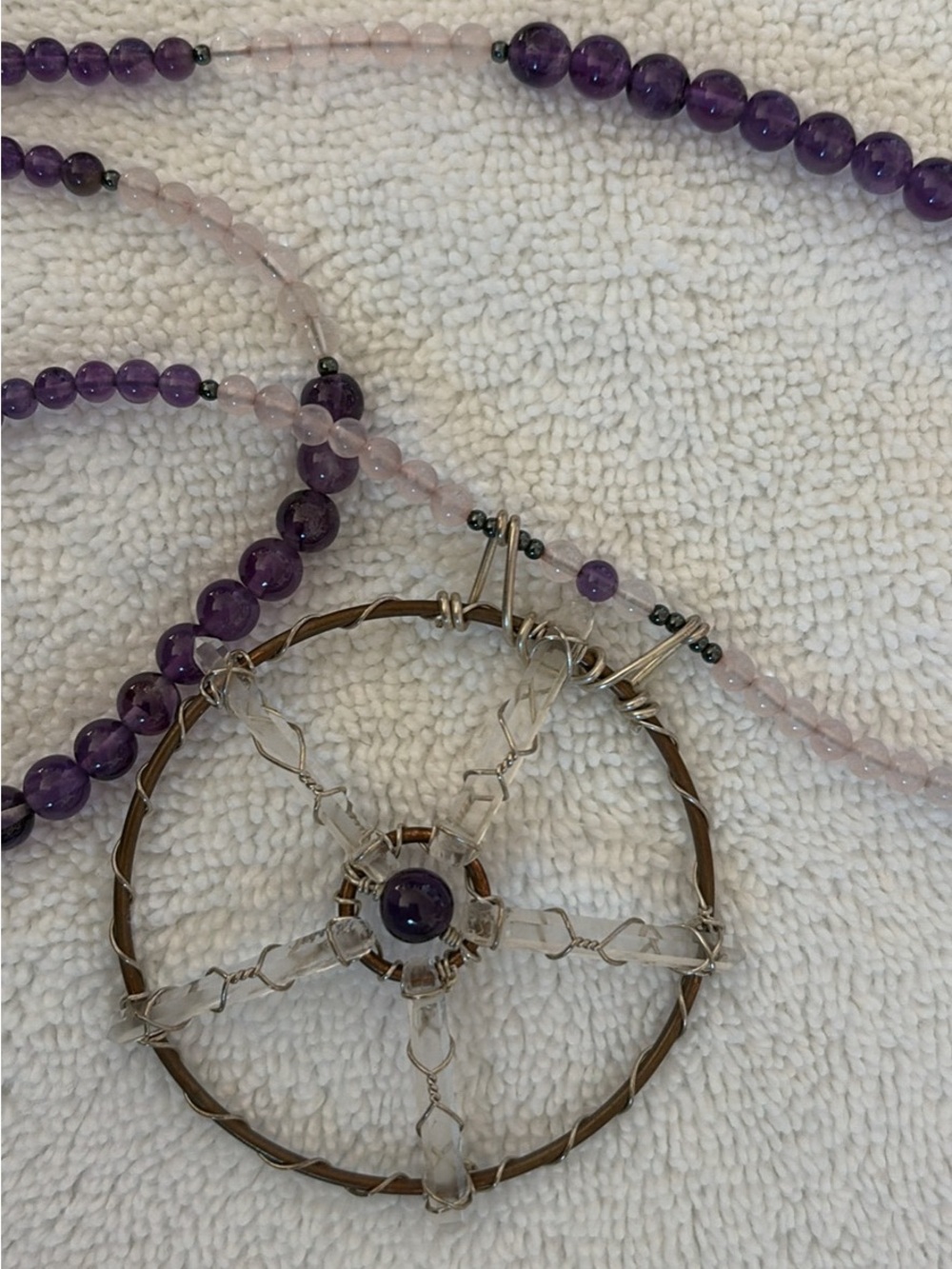 Amethyst & Rose Quartz Crystal Wheel Pendant Necklace - Unbranded
